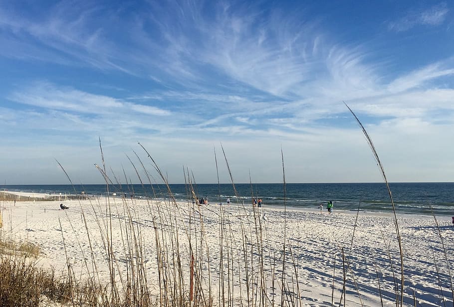 beach, sky, clouds, formations, sand, white, blue, grass, dune HD wallpaper