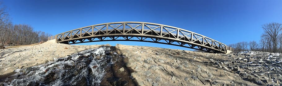bridge, stream, sky, cascade, rocks, stone, sunny, bright, blue HD wallpaper