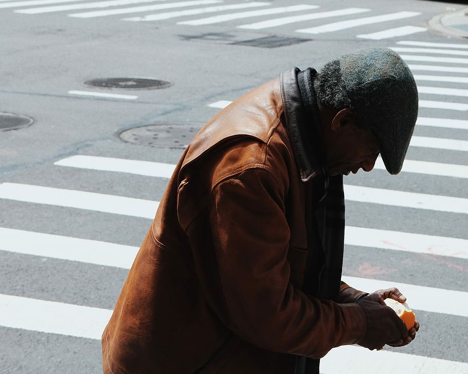 man walking on pedestal lane, brown wearing brown leather jacket, HD wallpaper