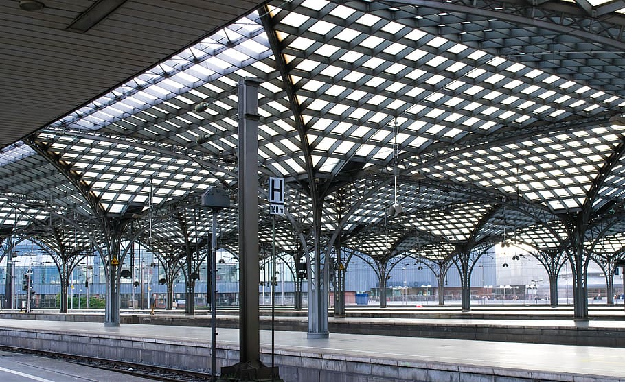 gray train station interior v, railway station, platform, historically HD wallpaper