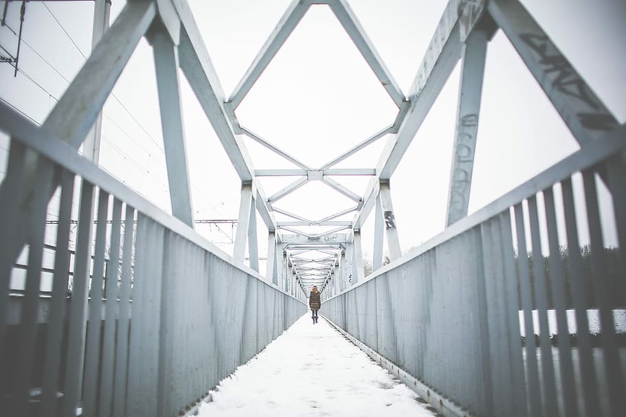 Girl Walking on Steel Bridge in Winter, cold, iron, minimalistic