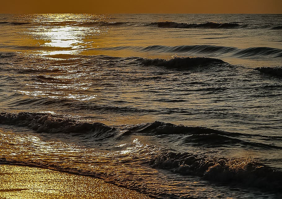 shore, waves, sunset, sky, nature, summer, sea, natural, water HD wallpaper