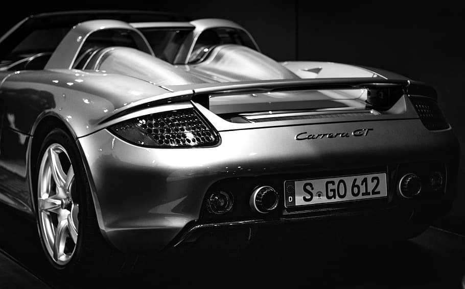 gray Porsche Carrera GT convertible display, supercar, cars, automobile
