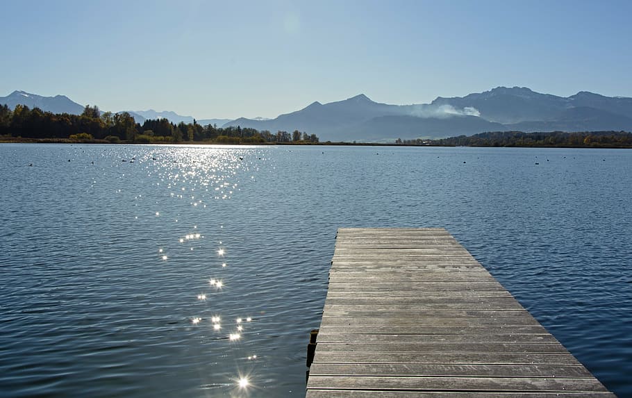 brown wooden dock, chiemsee, back light, landscape, nature, lake