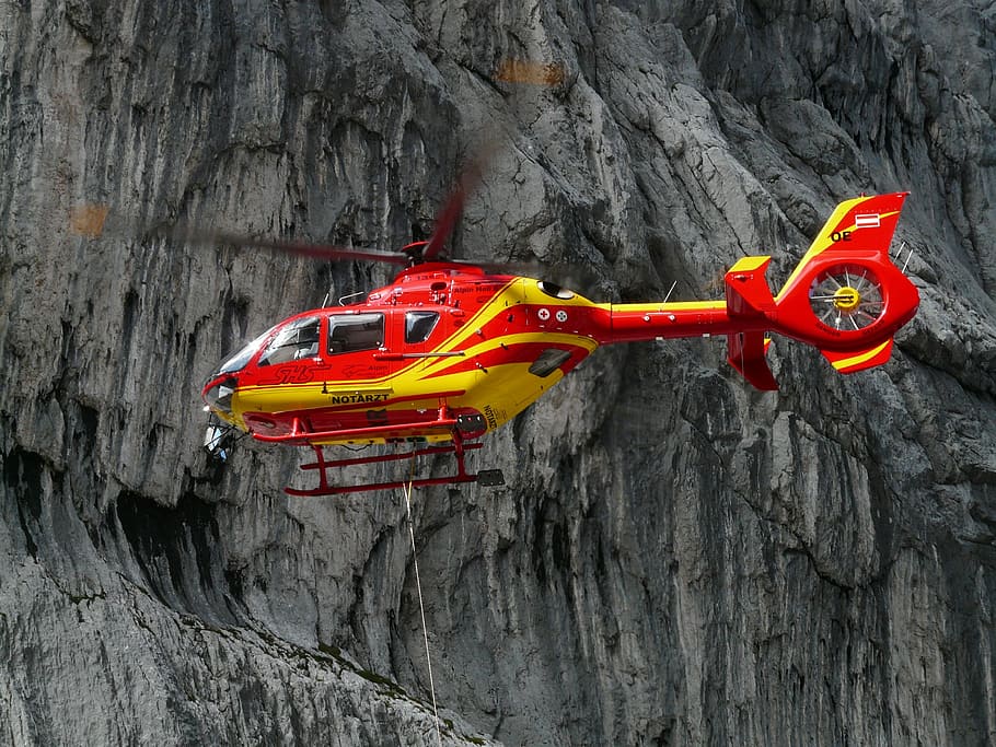 red and yellow helicopter, rescue helicopter, colours, gaudy, HD wallpaper