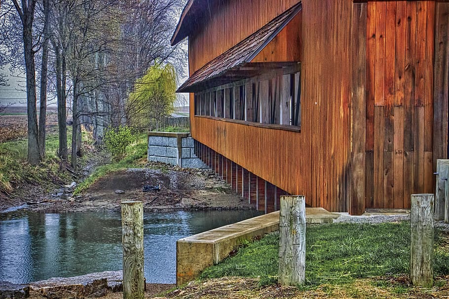 covered bridge, scenery, trees, artistic, art print, digital art HD wallpaper