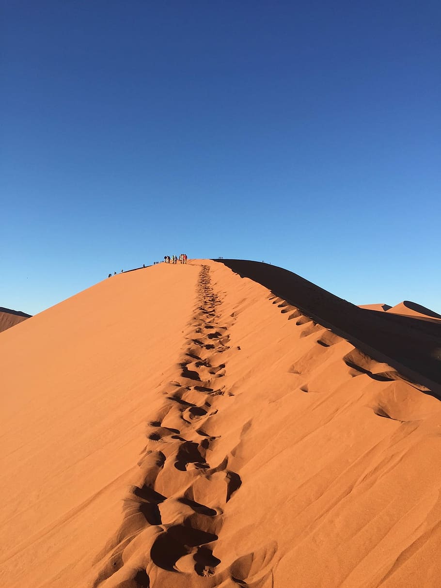 photo of foot prints on desert hill during daytime, group of people walking on desert HD wallpaper