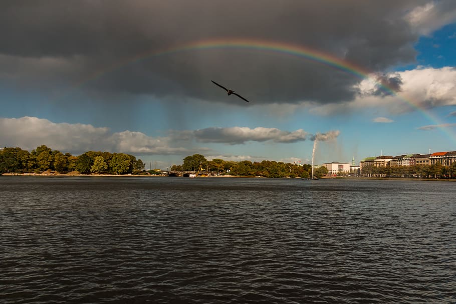 rainbow, sky, hamburg, weather, jungfernstieg, nature, landscape, HD wallpaper