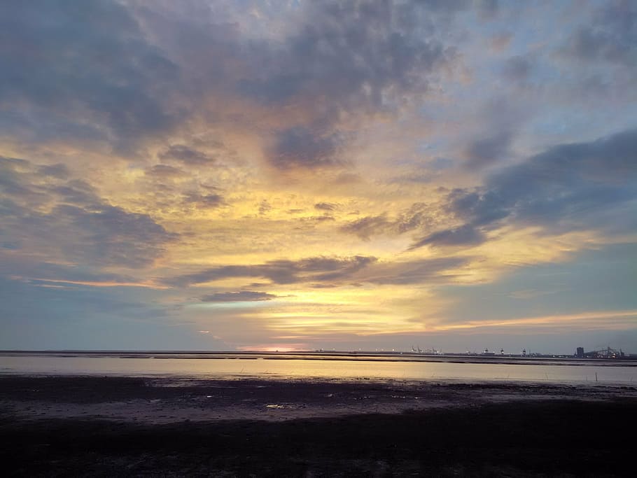 sky, sunset, blue, nature, landscape, sunlight, orange, horizon HD wallpaper