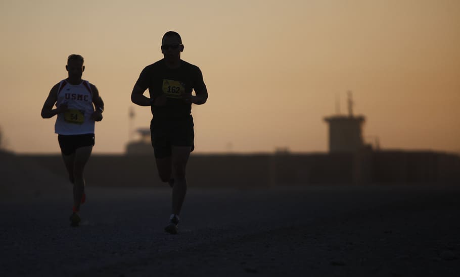 two person jogging photography during sunset, runners, silhouette, HD wallpaper