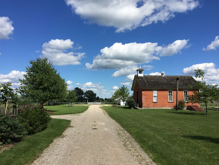 sky, path, brick, house, landscape, cloud, blue, countryside