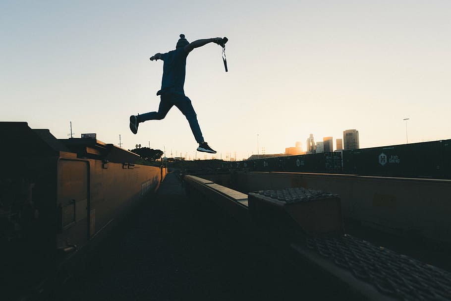 silhouette of jumping man, people, guy, flying, adventure, camera HD wallpaper
