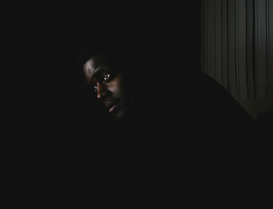 man in darkness, photo of man wearing black top, shadow, light HD wallpaper