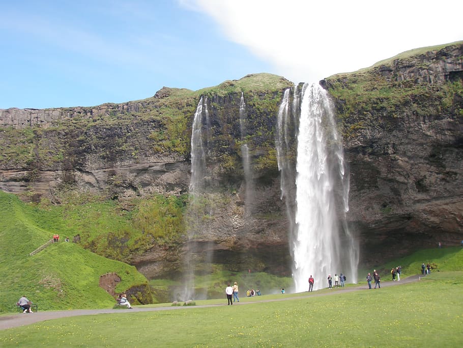 iceland, waterfall, cliff, mountains, landscape, natural, nature HD wallpaper