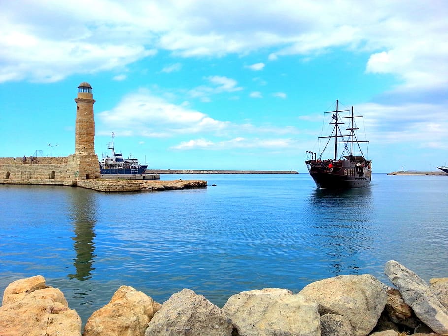 crete, rethymno, boat, water, sky, cloud - sky, nautical vessel