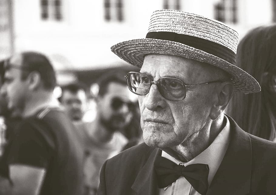 close-up photo of man wearing tuxedo and straw hat, aged, elderly, HD wallpaper
