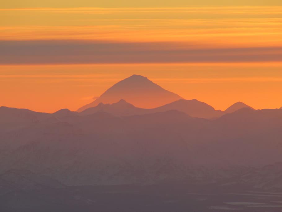 volcano, sunset, evening, mountains, kamchatka, peninsula, landscape HD wallpaper