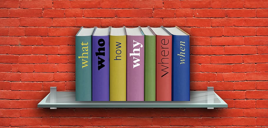 book of question on floating shelf, who, how, what, where, why HD wallpaper
