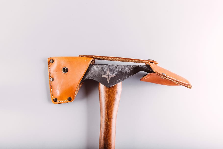 black hatchet with leather case, brown leather sheath, axe, cover HD wallpaper