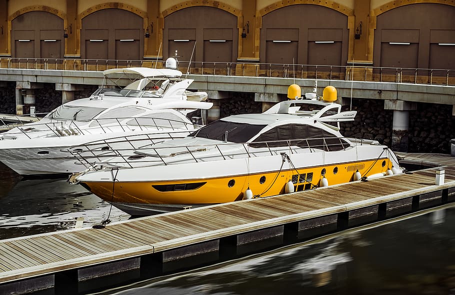 Photography of Two White Yacht on Body of Water, boat, dock, floating HD wallpaper