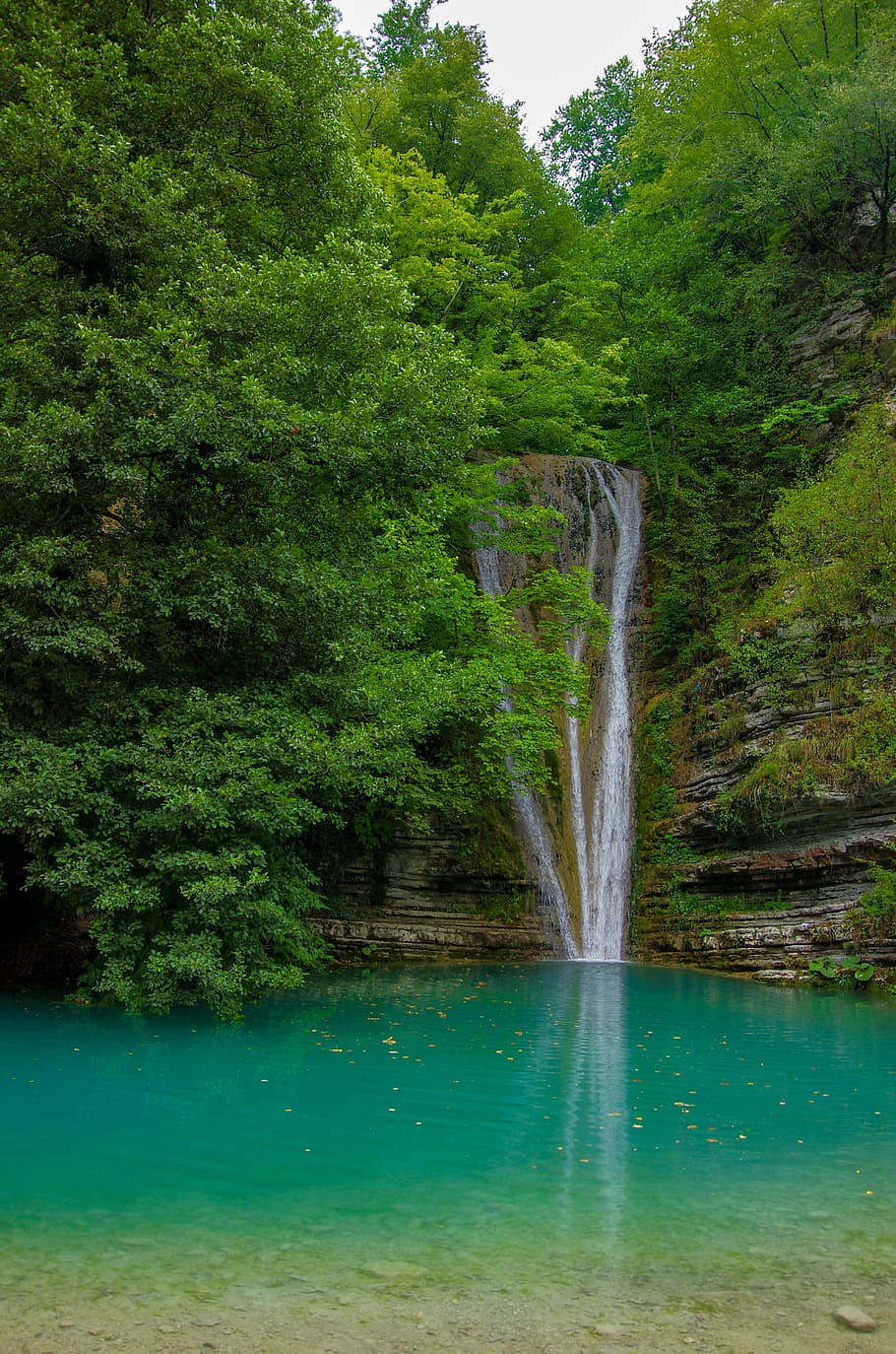 lake, forest, waterfall, sinop, trees, green, human, landscape HD wallpaper