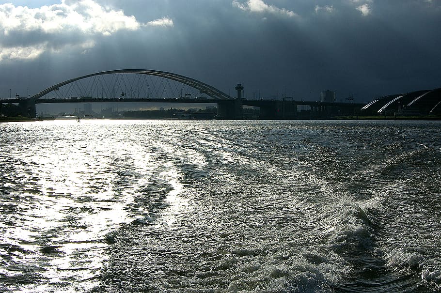 rhine, river, bridge, current, holland, water, shipping, clouds HD wallpaper