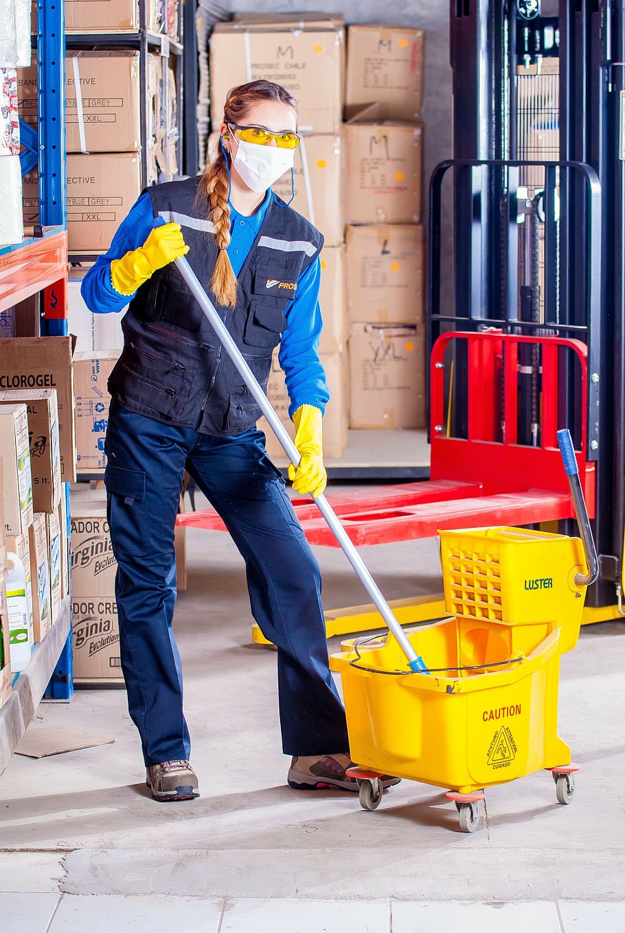 woman holding mop, industrial, security, logistic, work clothes, HD wallpaper