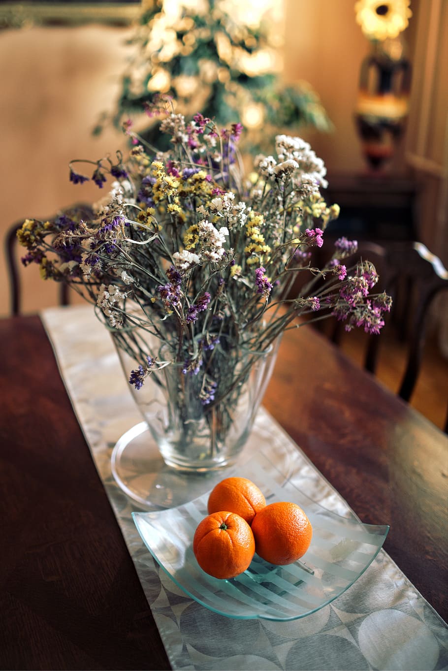 flower, flowers, table, oranges, fruit, decor, interior, flowering plant HD wallpaper
