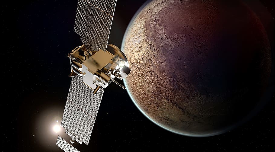 gray steel satellite, mission to mars, mars probe, space travel, HD wallpaper