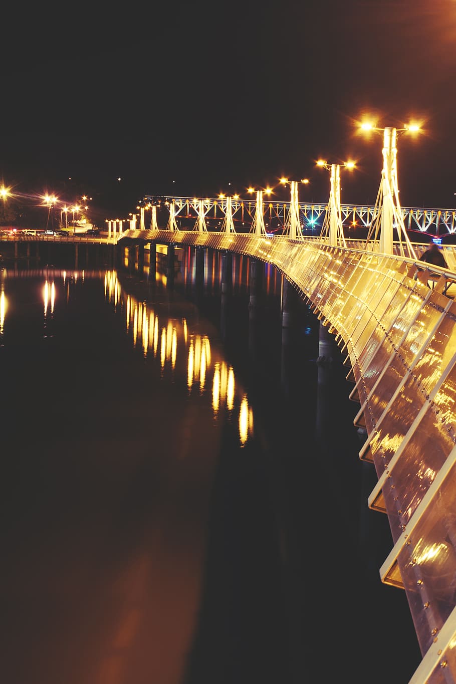 pier, lights, night, river, poland, polska, plock, illuminated HD wallpaper