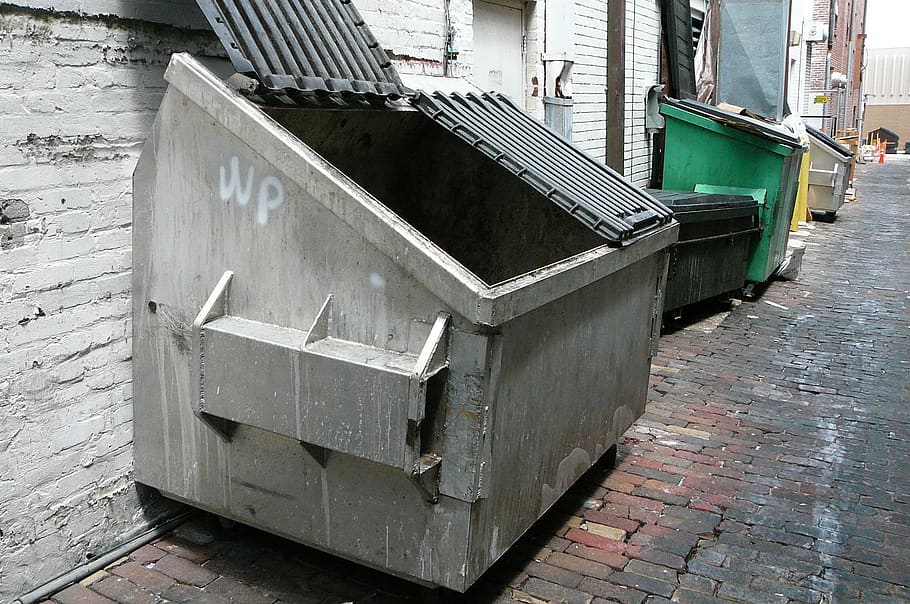 dumpster, trash, downtown, outside, open lid, garbage, rubbish