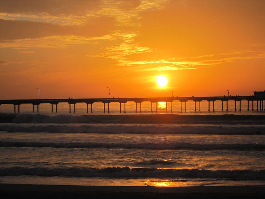 Sunset, Waves, Beach, Pier, San Diego, red, ocean, summer, evening, HD wallpaper
