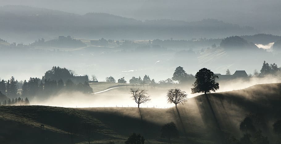 fog, landscape, mist, mountain, outdoors, panoramic, silhouette HD wallpaper