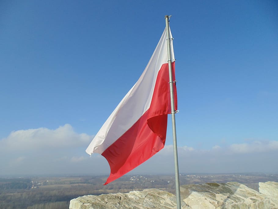 Flag, Poland, Polish, patriotism, red, wind, sky, day, nature HD wallpaper