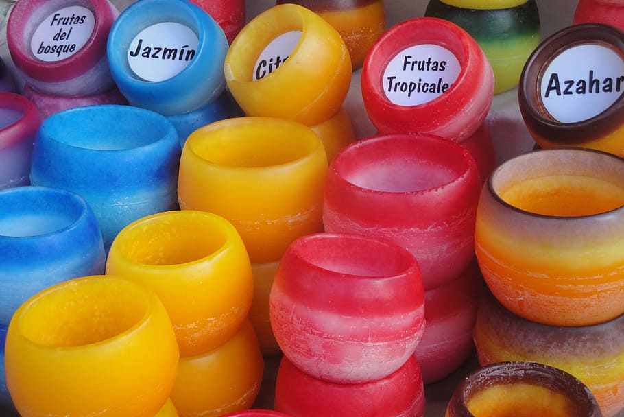 assorted candles, aromas, colors, aromatherapy, exhibition HD wallpaper