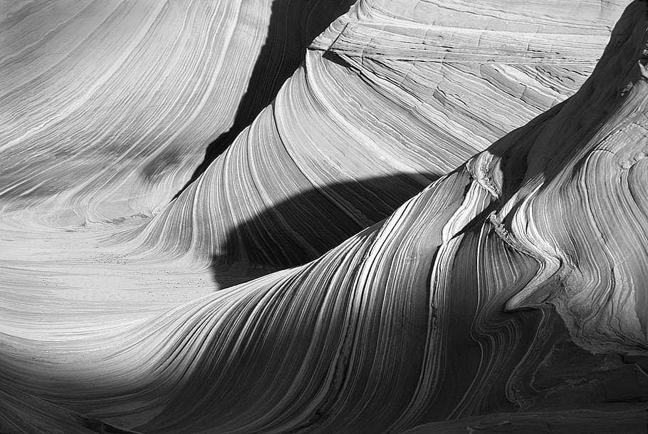 black-and-white, canyon, curve, desert, landscape, pattern, HD wallpaper