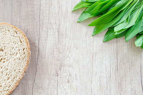 bread and green leaf plant, wood, table, breakfast, lunch, dinner HD wallpaper