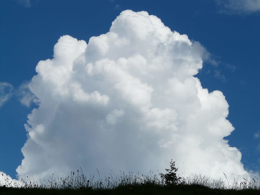 white cumulus clouds, thunderstorm, sky, blue, rain, weather HD wallpaper