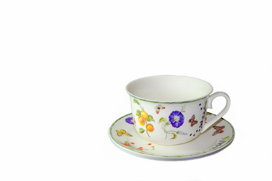 white and blue floral ceramic cup and saucer, porcelain, tableware HD wallpaper