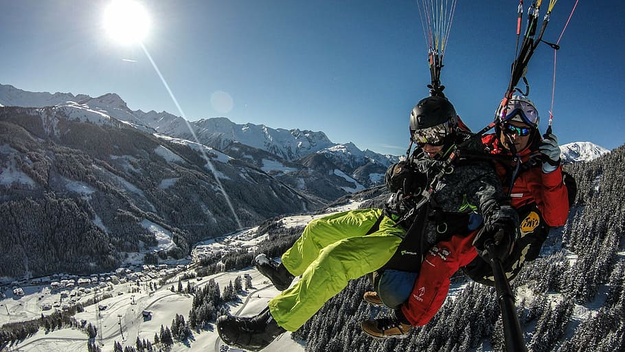 paraglider, paragliding, winter, sport, mountain, snow, mountain range HD wallpaper