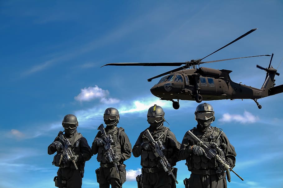 gray helicopter over four soldier, dangerous, police, military, HD wallpaper