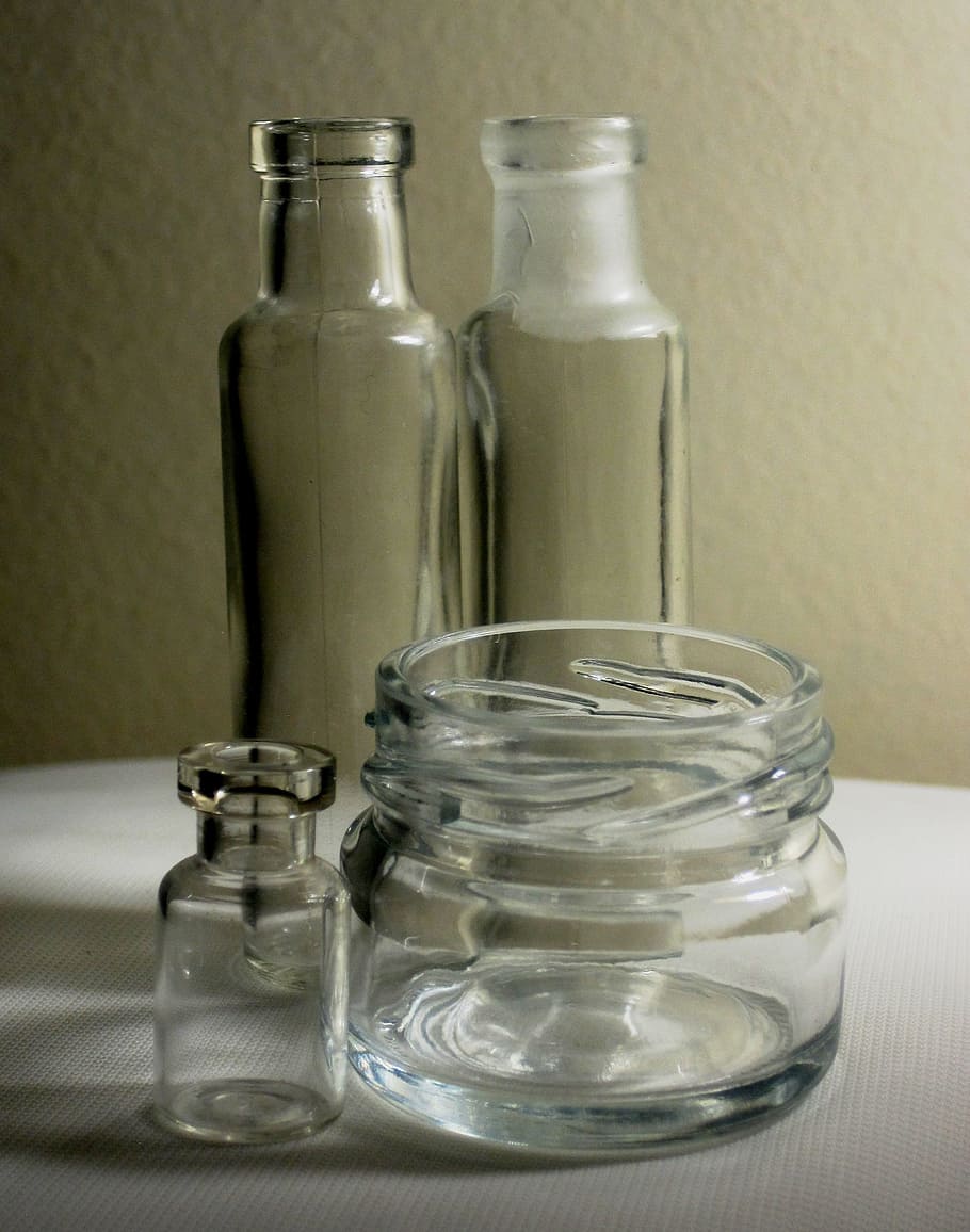 bottles, glass, clear, reflecting, light, beverage, transparent, HD wallpaper