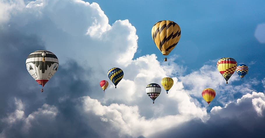 hot air balloons fly on sky, emotions, adventure, holiday, travel, HD wallpaper