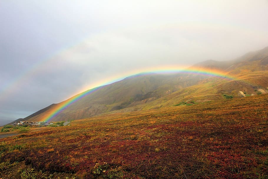 landscape photography of green mountain with rainbow, colorful, HD wallpaper