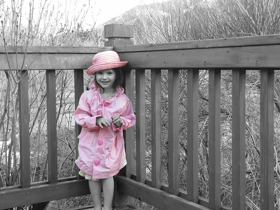 selective color photography of girl in pink hat and long-sleeved button-up dress, HD wallpaper