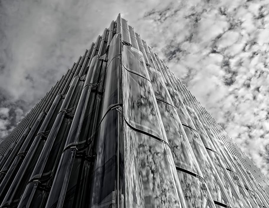 grayscale photo of building, architecture, glass, reflection HD wallpaper