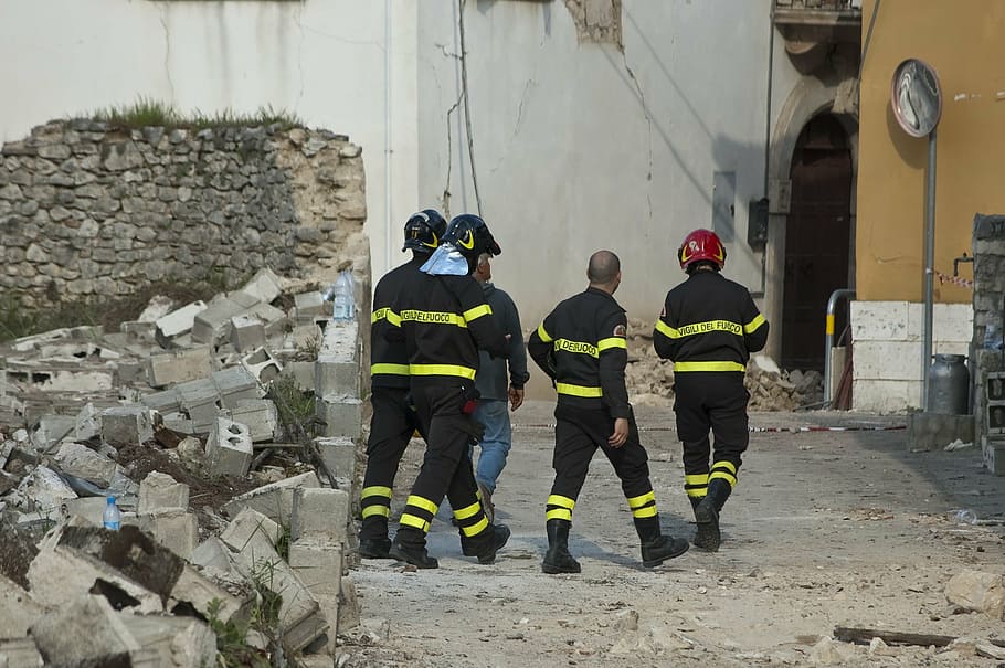 firefighters at wrecked site, earthquake, rubble, collapse, disaster, HD wallpaper