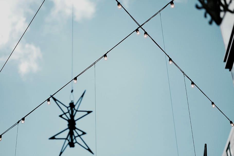 black hanging decor and string lights, low angle photo of string lights HD wallpaper