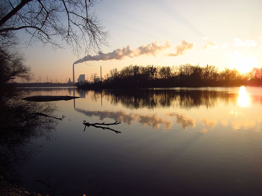 Evening, Sun, Winter, Lake, Industry, power plant, trees, water HD wallpaper