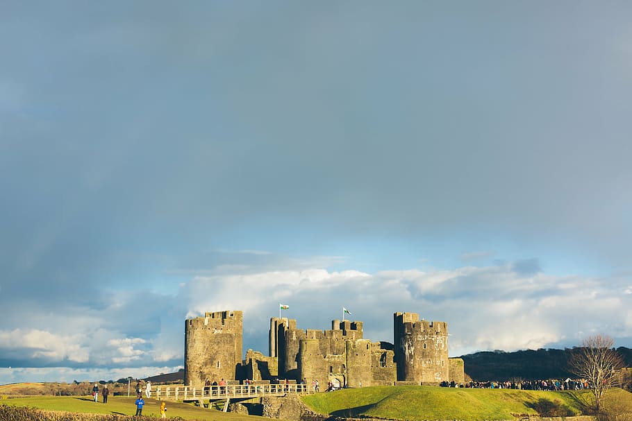 gray concrete castle, green, grass, pathway, flag, pole, building HD wallpaper
